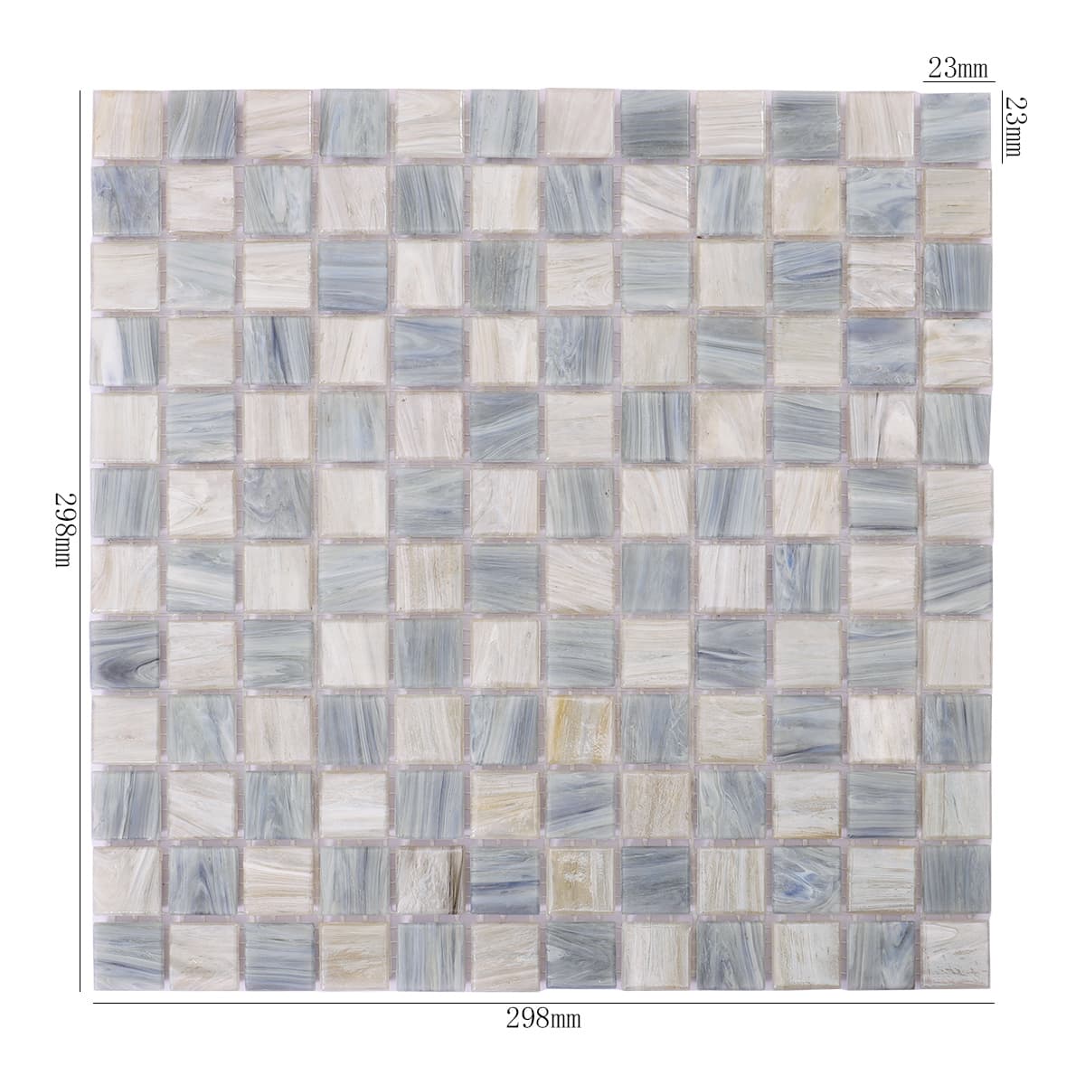 Full sheet of light grey and blue checkered glass mosaic with size marks