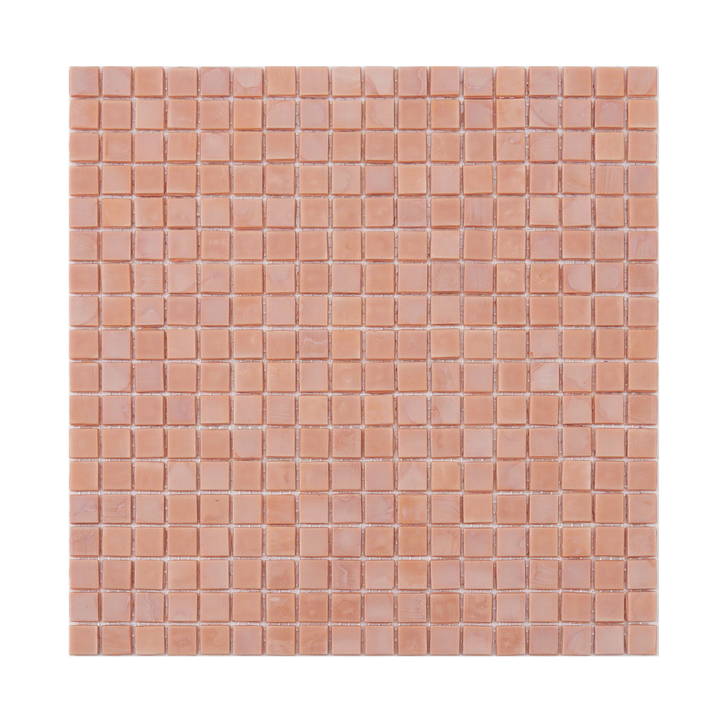 Full sheet of light peach square glass mosaic tile on a light background