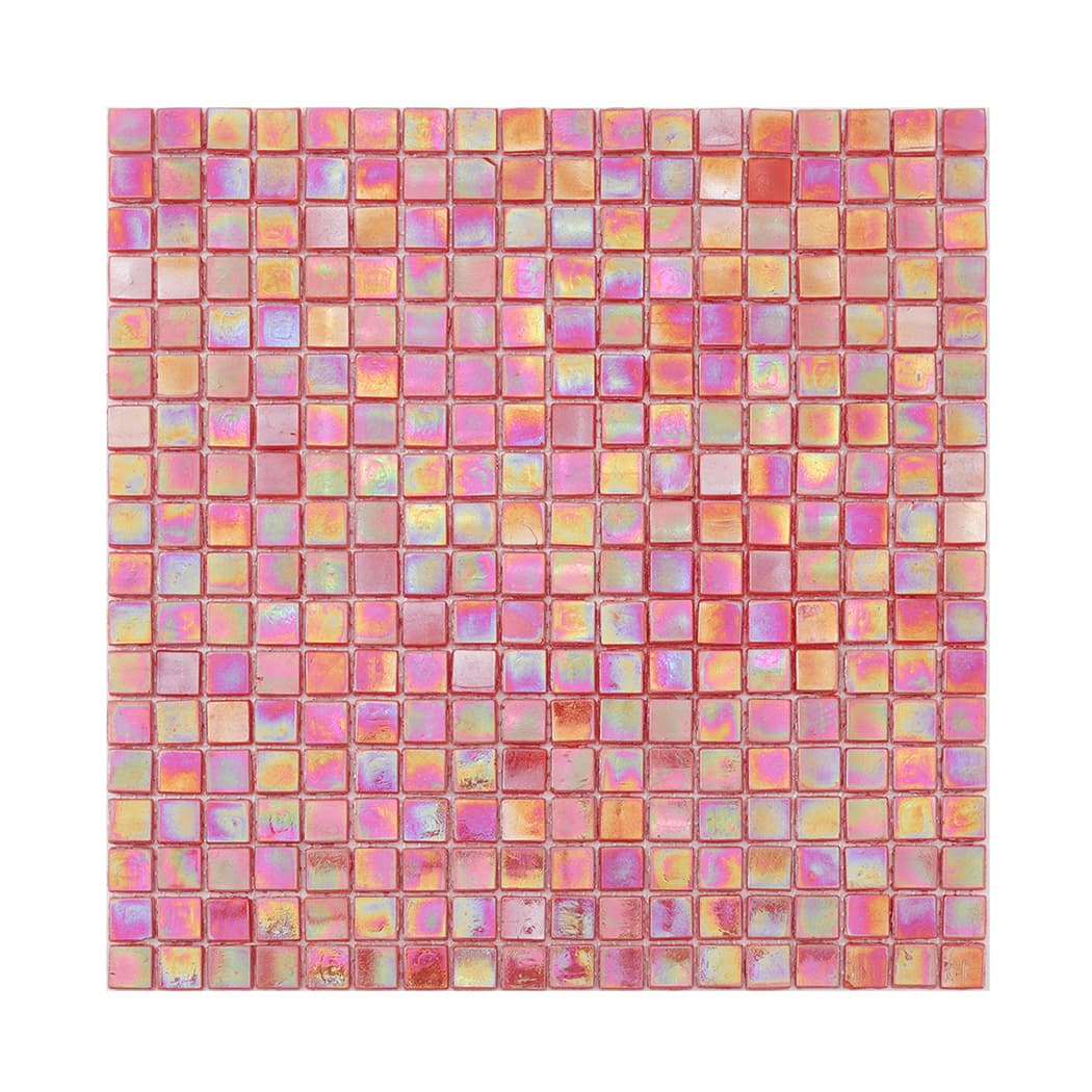 Full sheet of light red iridescent square glass mosaic tile on a light background