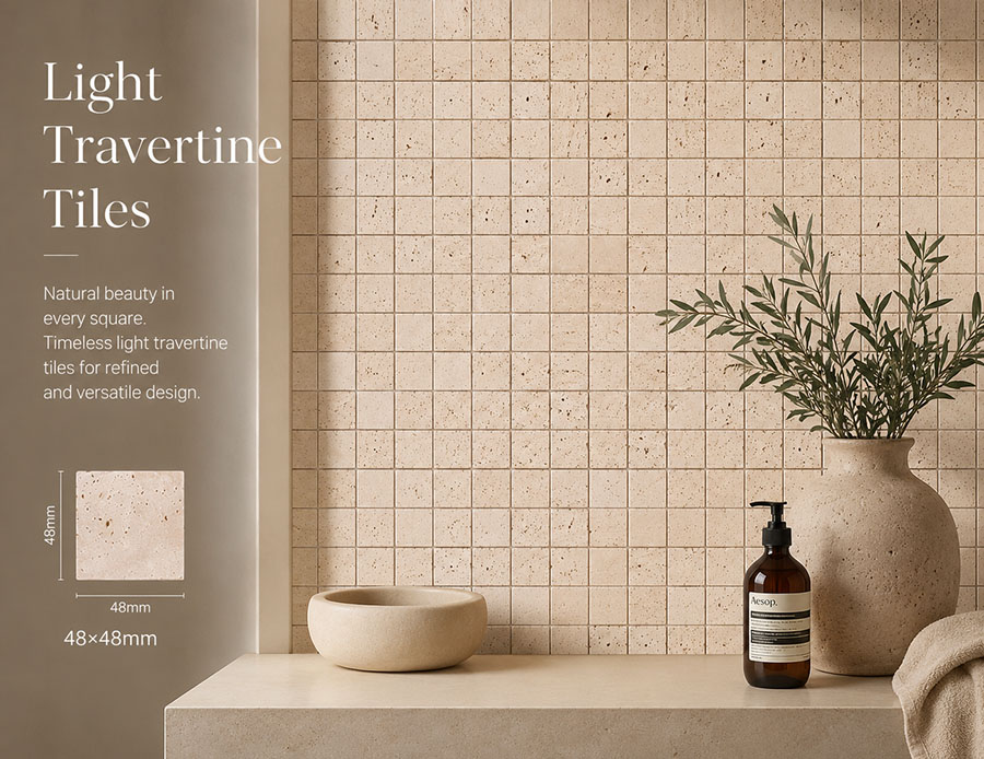 Light travertine square tiles on a warm bathroom wall with 48mm size detail