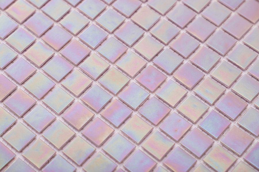Lilac Tiles: Square iridescent glass mosaic with a shimmering purple finish.