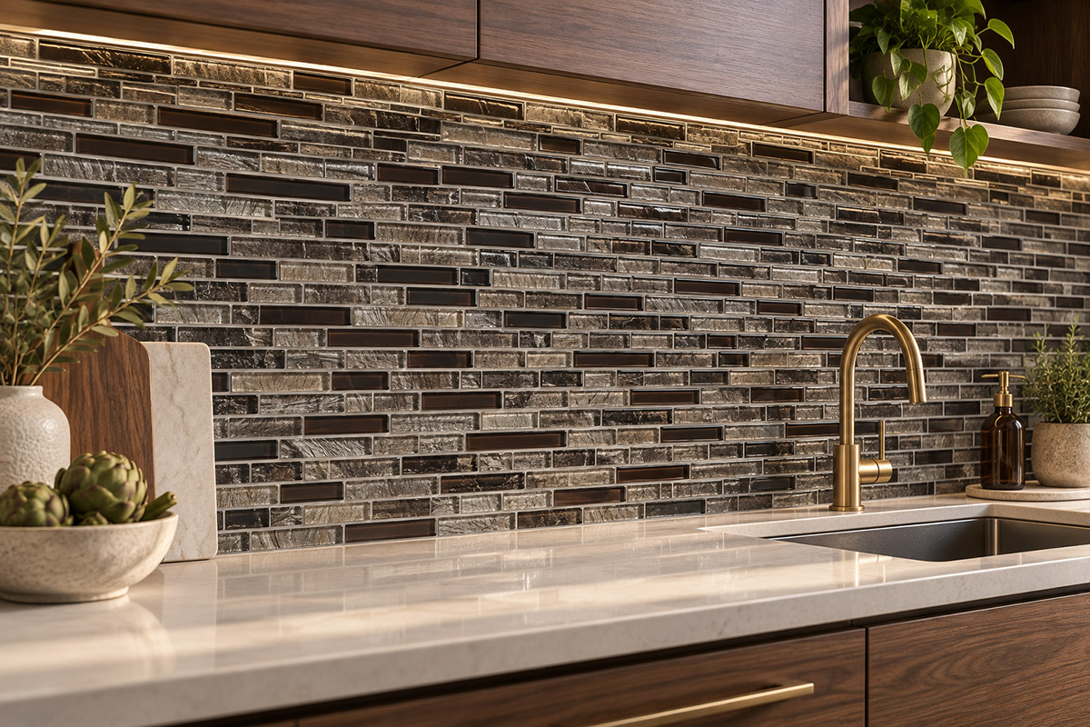 Linear mosaic tiles across a kitchen backsplash with dark wood cabinets and a white countertop