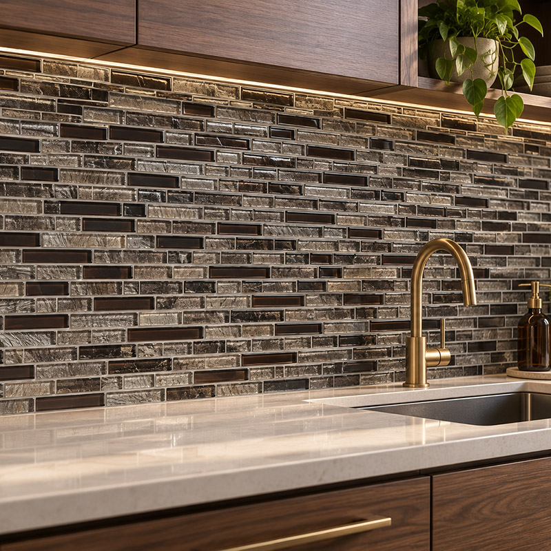 Linear mosaic tiles in gray and brown behind a kitchen sink with a brass faucet