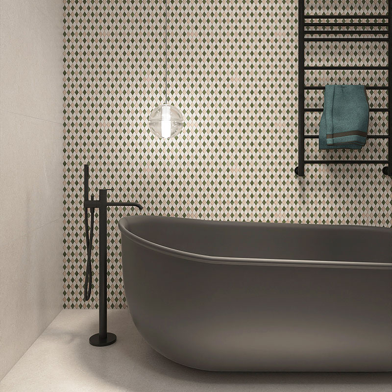 Luxury bathtub mosaic tile feature wall with green and white geometric pattern