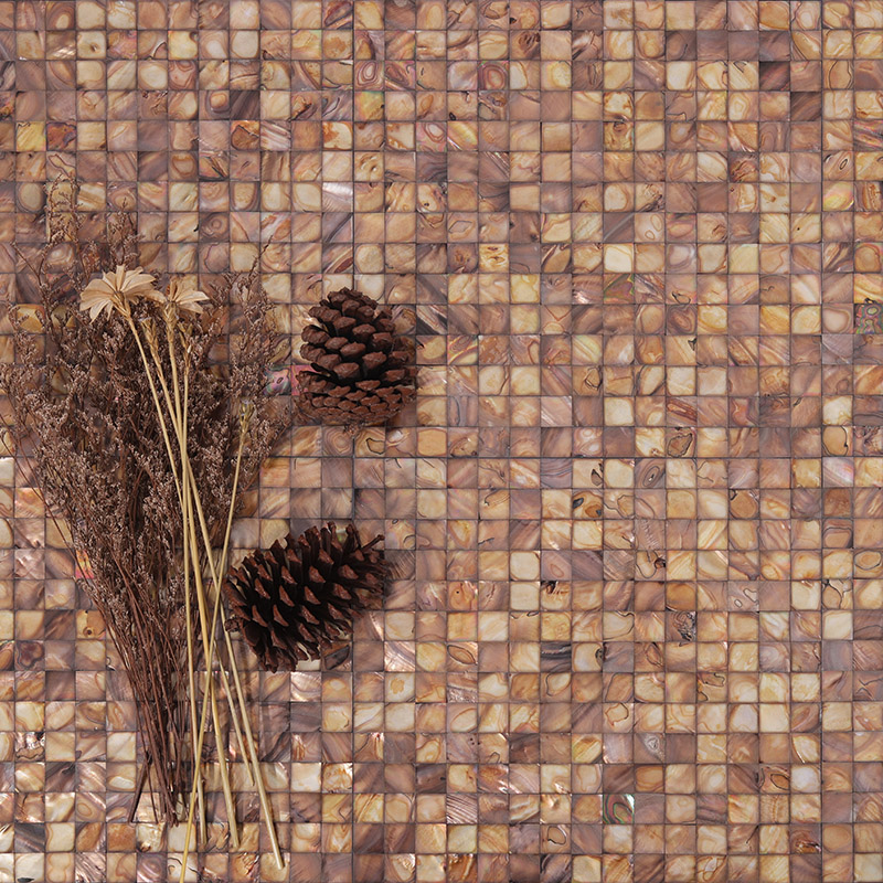 Close-up of luxury dark brown mother of pearl tile for premium bathroom backsplash.