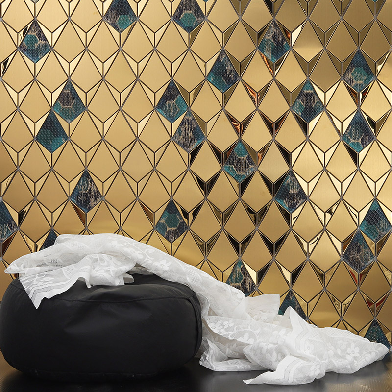 Luxury gold mosaic tile wall with blue textured diamond pattern
