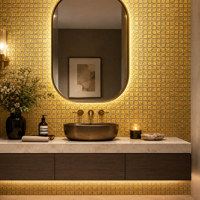 Luxury gold mosaic tile powder room wall with brass sink and mirror