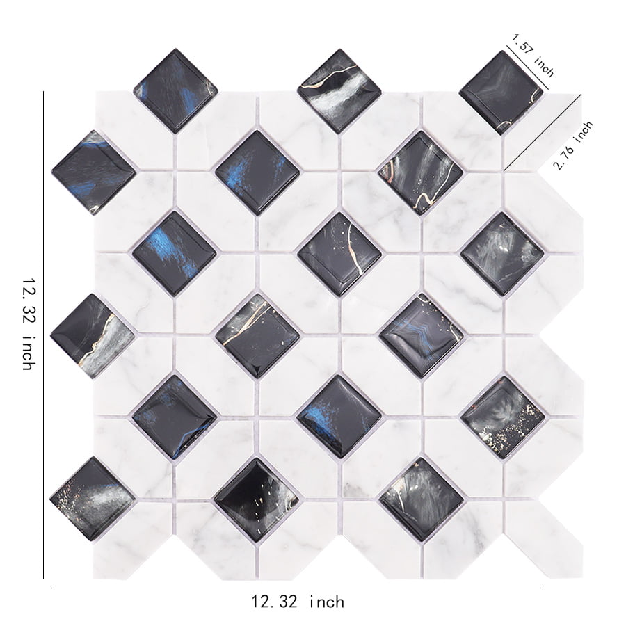 Marble and black glass mosaic tile sheet with size measurements in inches.