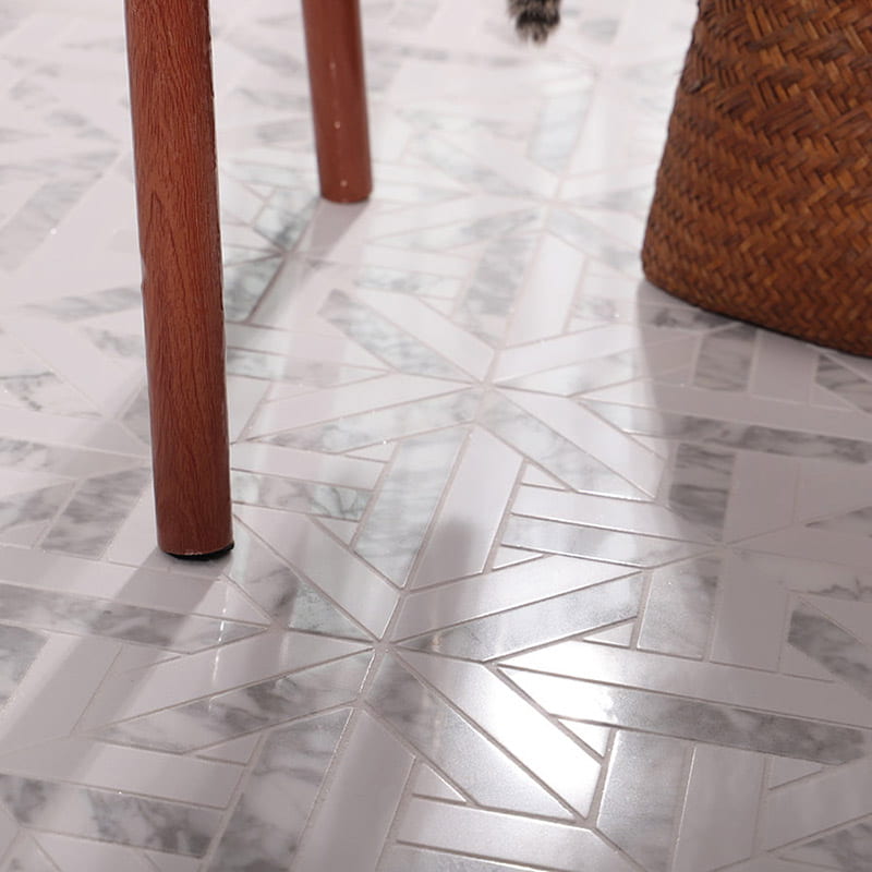 Marble floor tiles close-up with geometric pattern and glossy finish