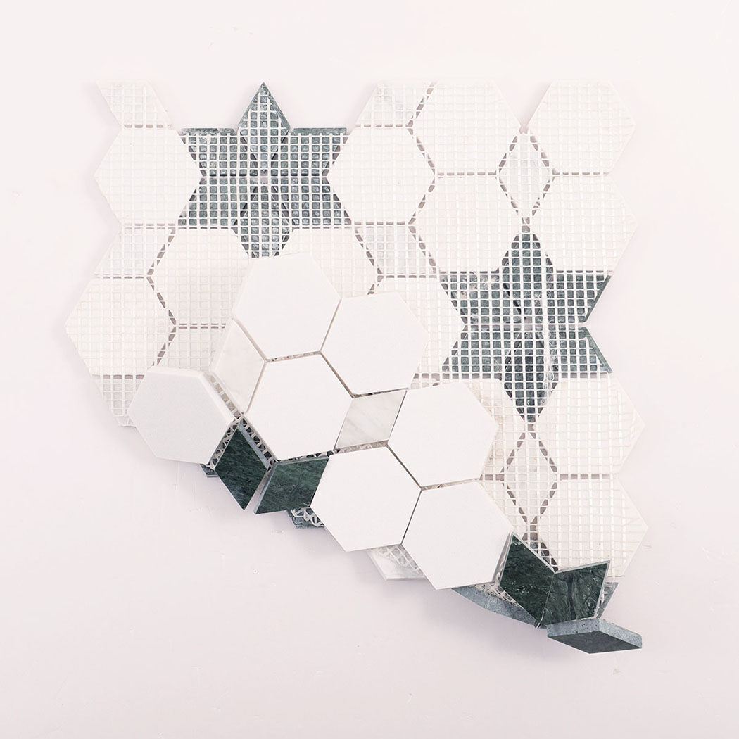 Back view of mosaic tile sheet showing mesh backing and star assembly.