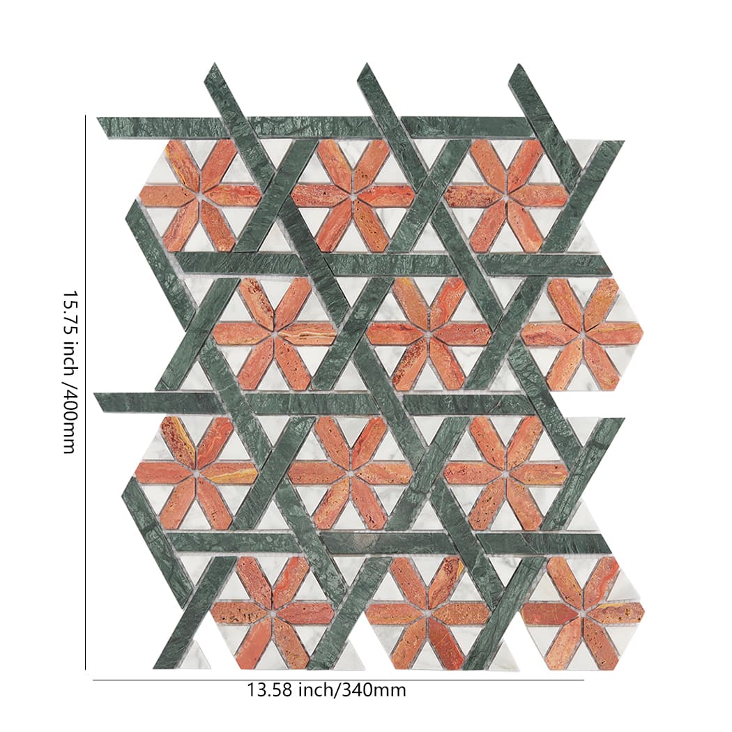A geometric marble mosaic tile sheet with width and height measurements in inches and mm.