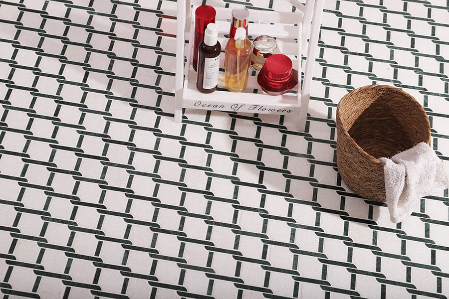 Elegant marble tiles shower floor with textured mosaic for safety and style