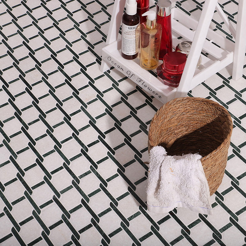 Marble tiles shower floor with small mosaic pattern for slip resistance
