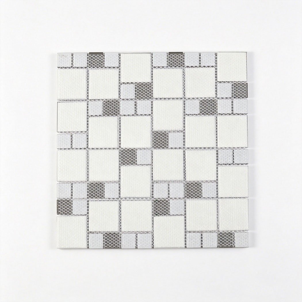 Mesh mounted back view of black silver gray square glass mosaic tile sheet