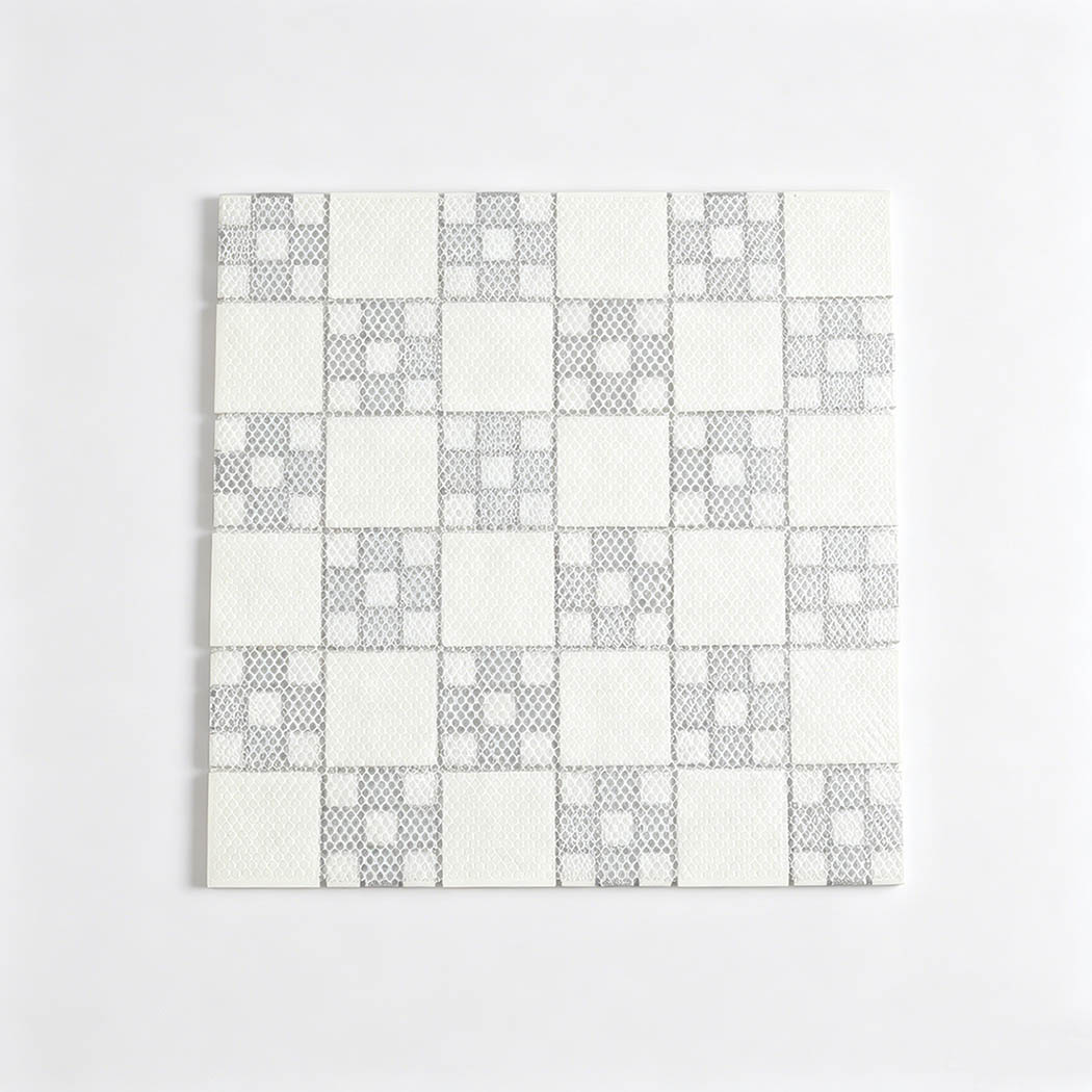 Mesh mounted back view of cream rose and silver square glass mosaic tile