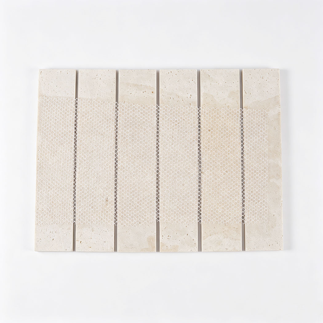 Back view of an ivory travertine strip mosaic tile with flexible mesh backing