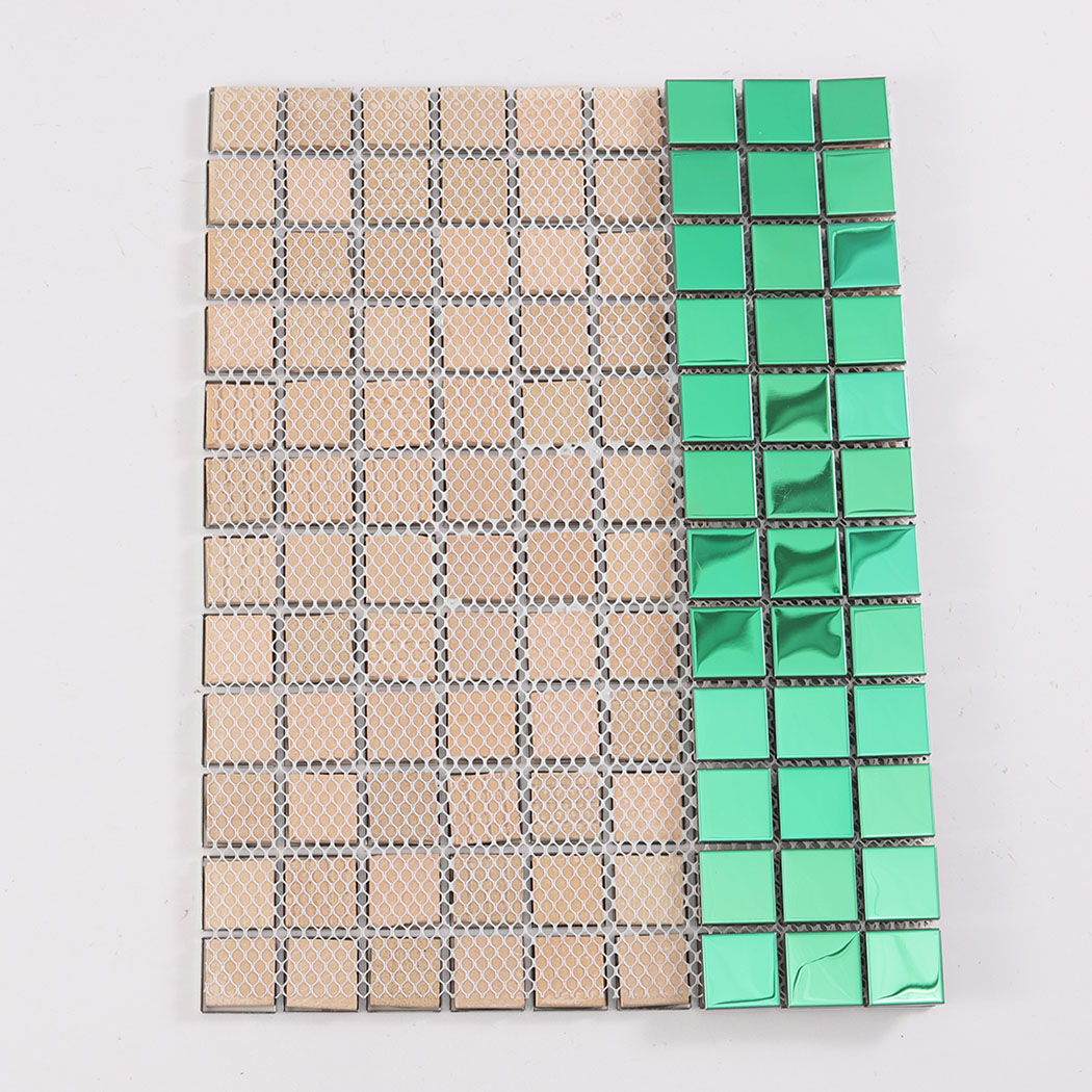 The reverse side of a green metal mosaic sheet showing the mesh backing for installation.