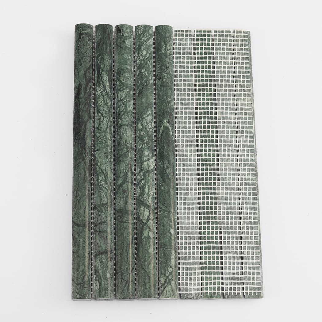 Rear view showing the white mesh mounting on a partially folded green marble mosaic sheet.