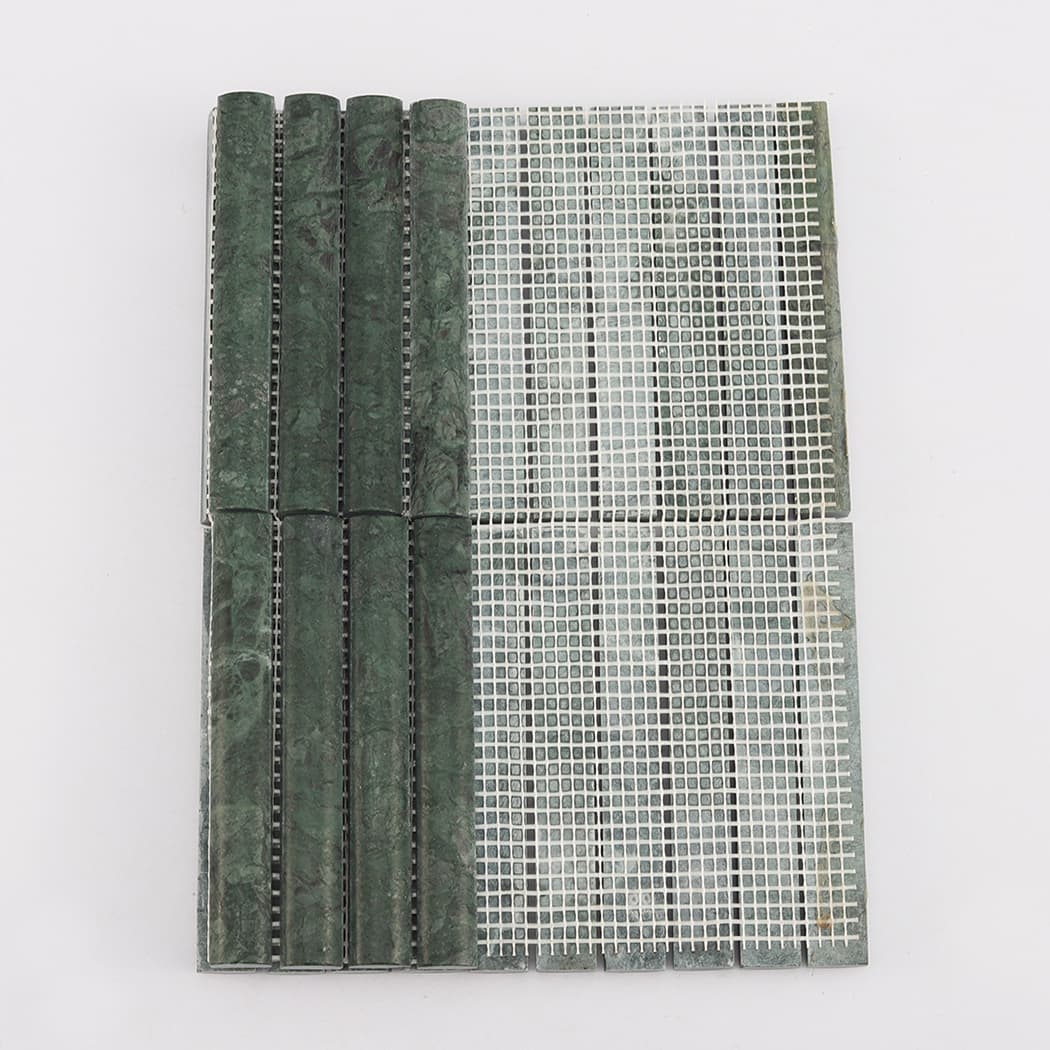 Rear view showing the white mesh mounting on the back of green marble mosaic tiles.