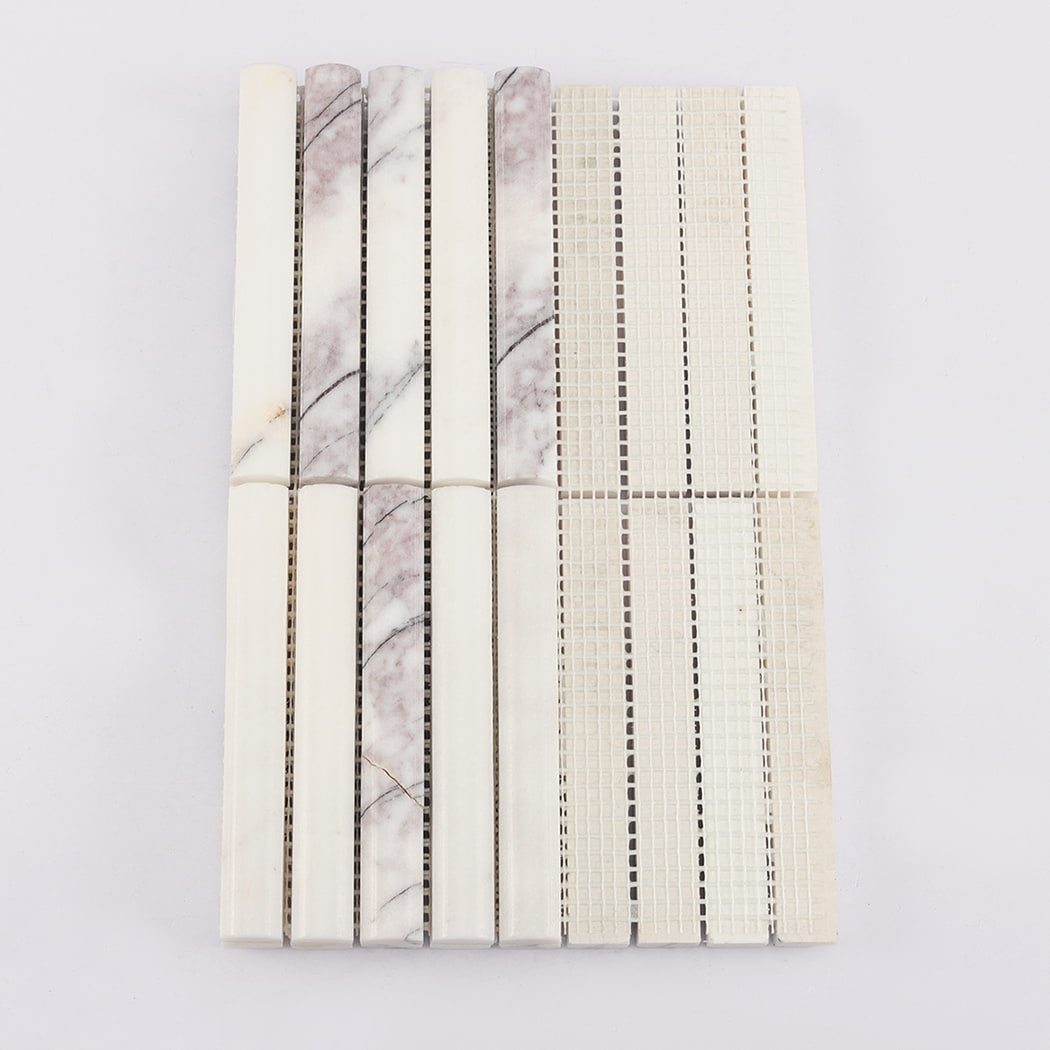 Rear view of the marble mosaic tile showing the white mesh mounting for installation