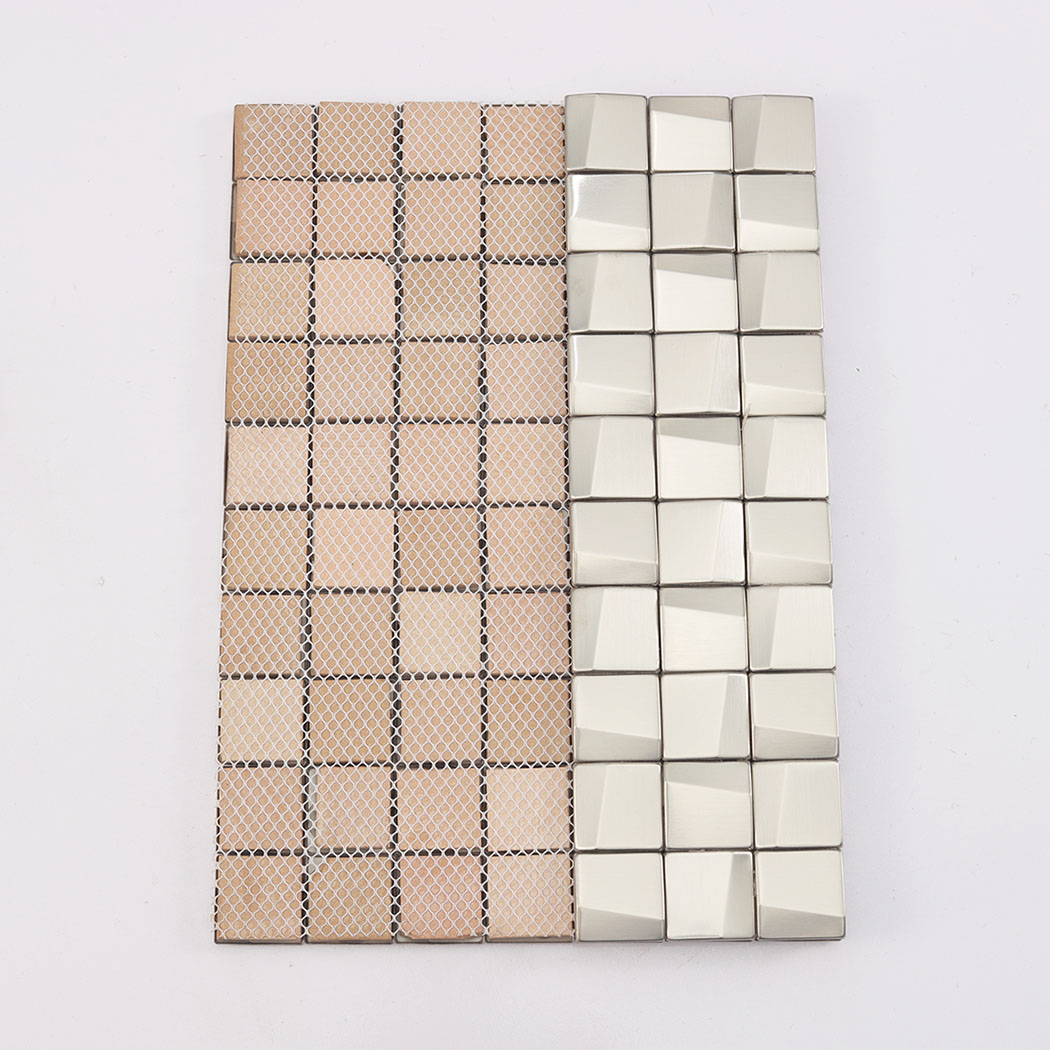 The rear side of the small brushed silver 3D tiles showing the white mesh backing.