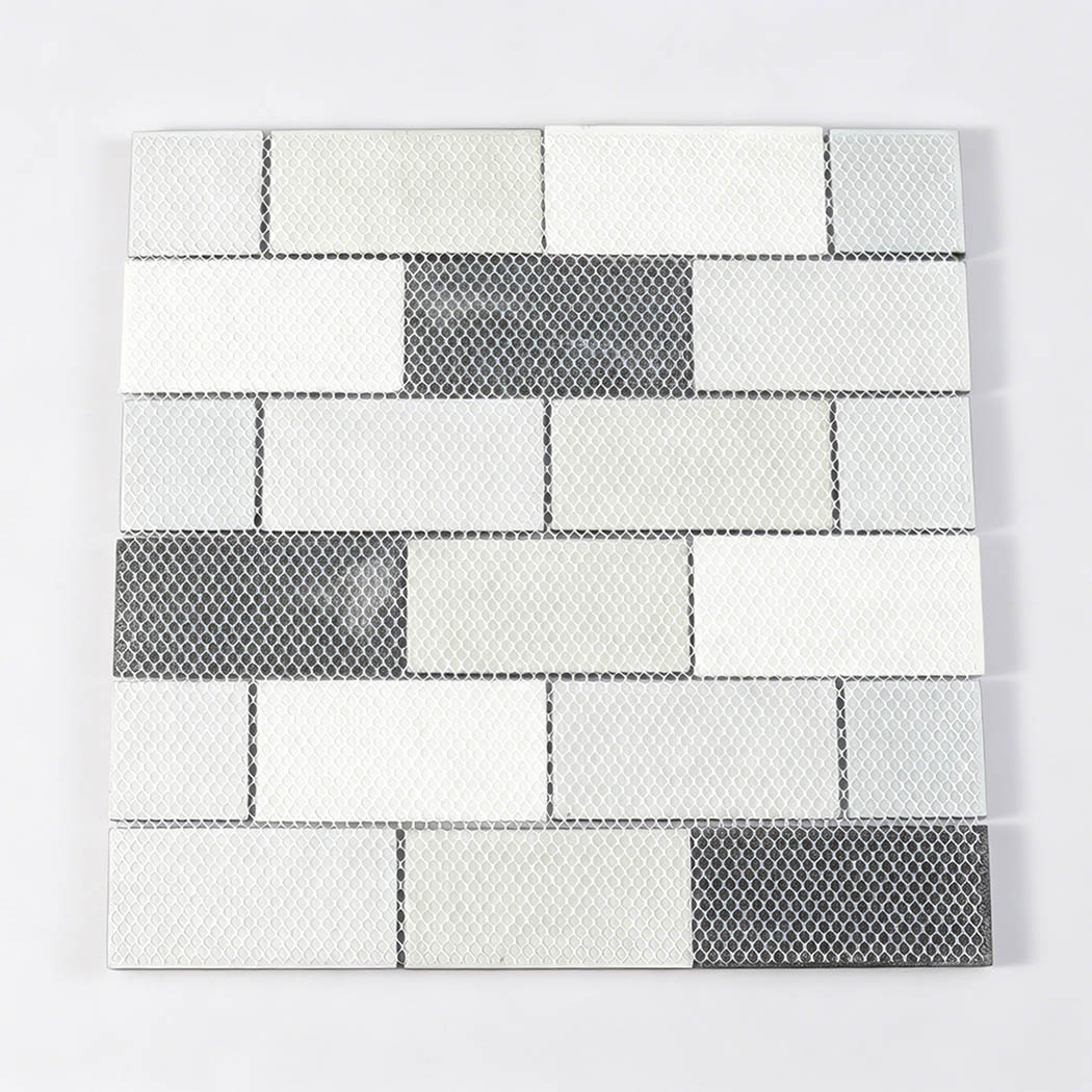 Bottom view of mesh mounted black gray mixed glass brick mosaic tile sheet