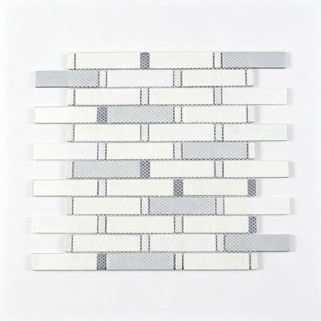 Back view of mesh mounted black white and silver glass linear mosaic tile sheet