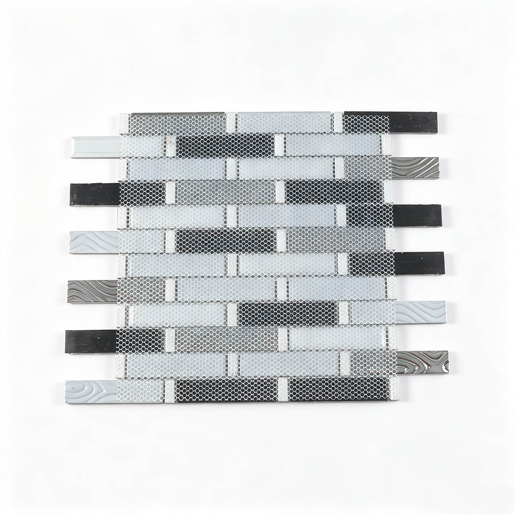 Back view of mesh mounted bronze brown and gray linear mosaic tile sheet