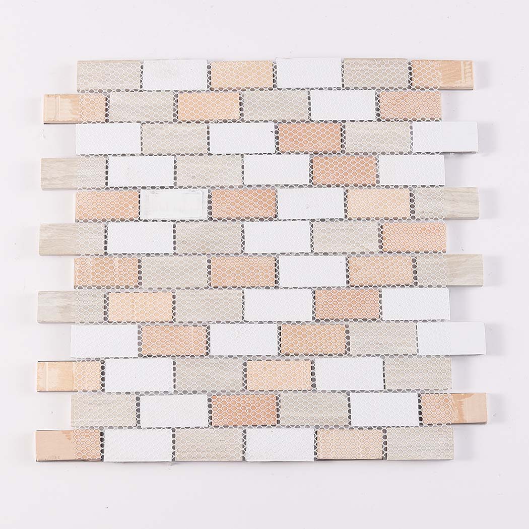 Back view of mesh mounted cream gray rectangular subway mosaic tile sheet
