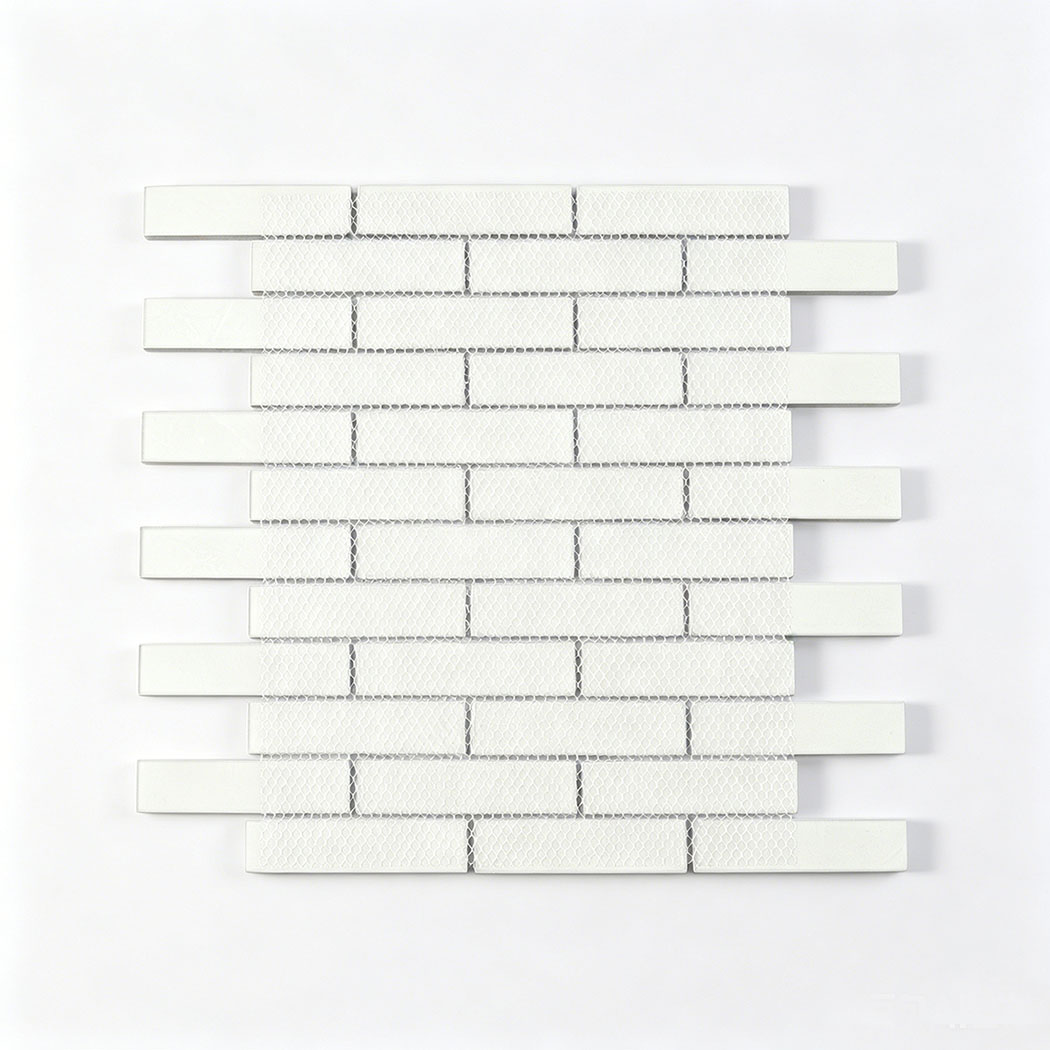 Back view of mesh mounted white rectangular glass subway mosaic tile sheet