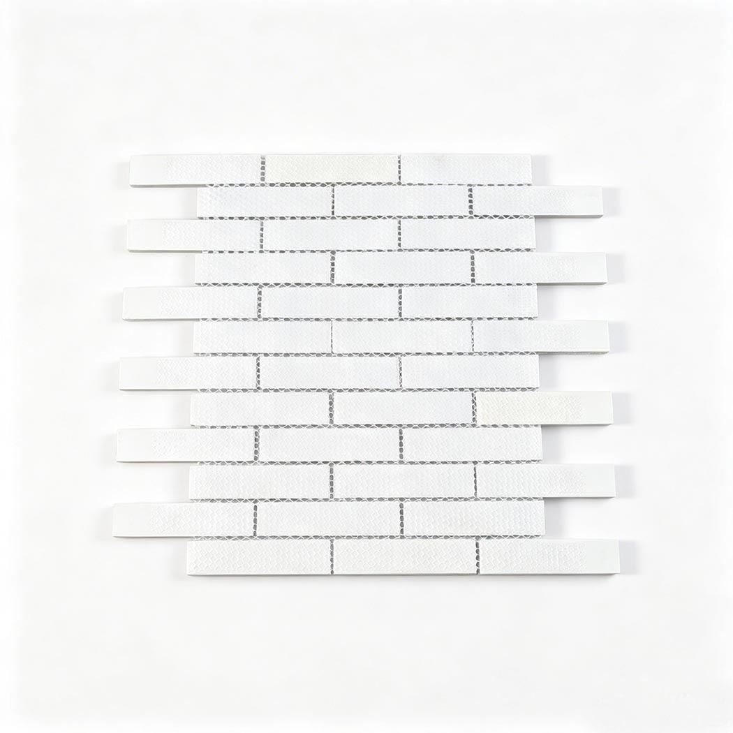Back view of mesh mounted light aqua rectangular glass subway mosaic tile sheet