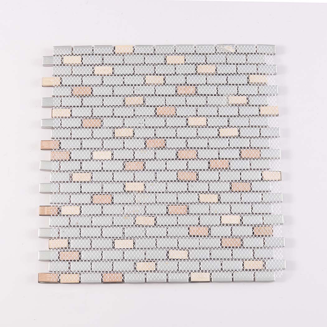 Back view of mesh mounted rectangular glass mosaic tile sheet with staggered chips