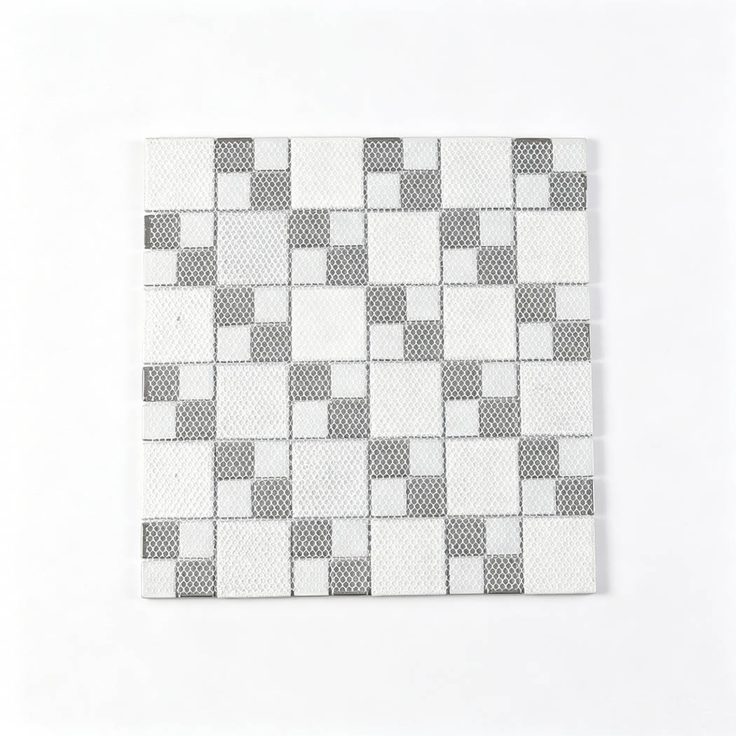 Back view of mesh mounted square glass mosaic sheet with white and gray backing