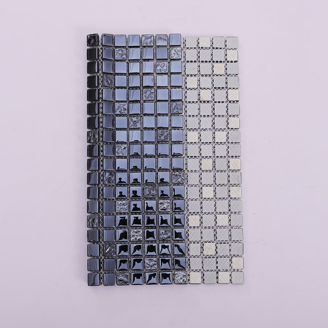 Metallic black crystal glass mosaic tile with mesh backing view