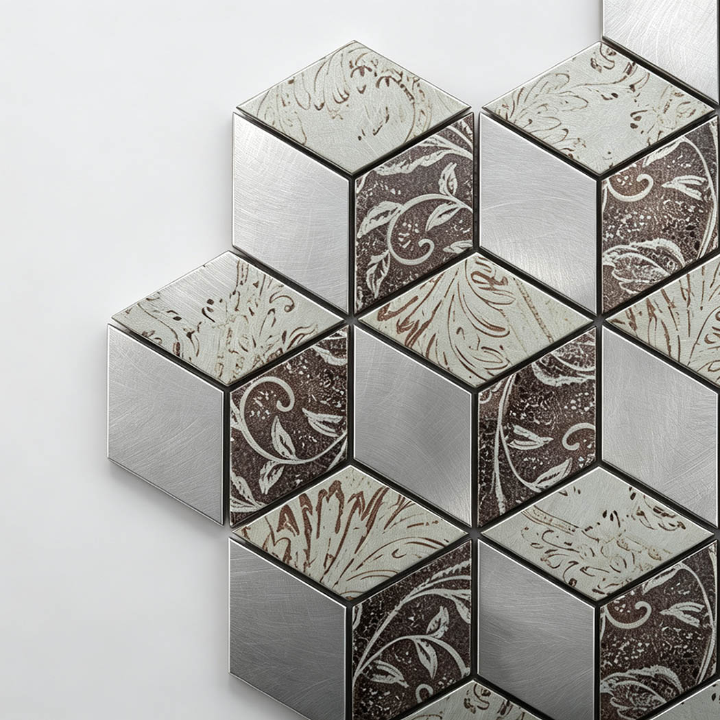 Close up of 3D cube metallic mosaic tile with floral design.