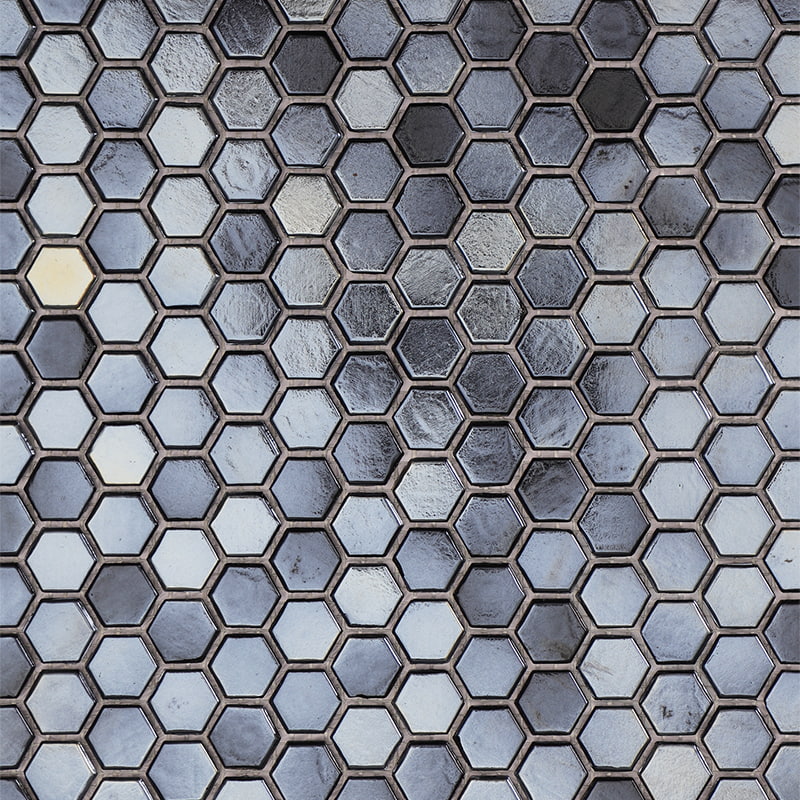 lose-up of glass hexagon mosaic with metallic coating 