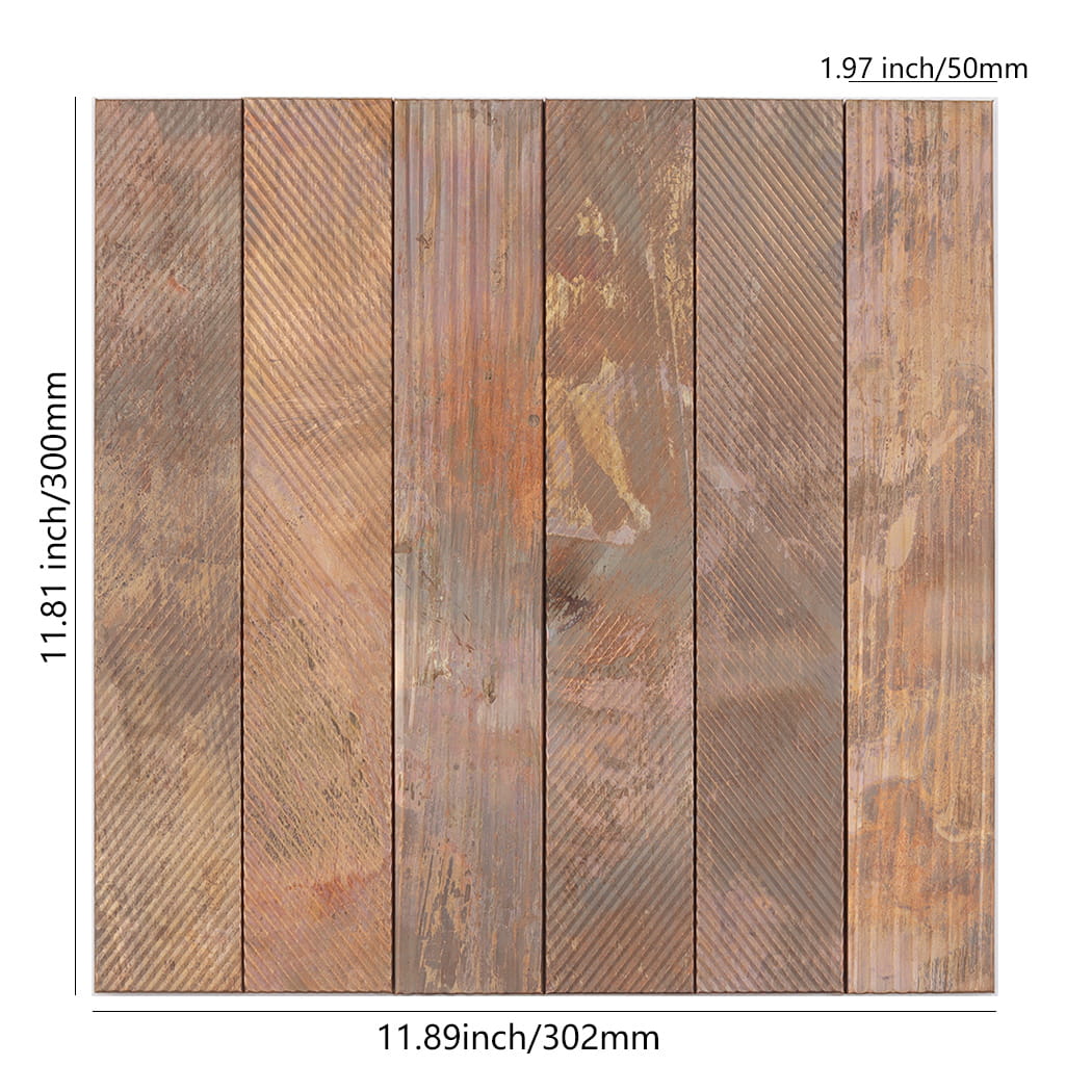 Front view of a square metallic tile showing 11.89 inch width and 11.81 inch height dimensions.
