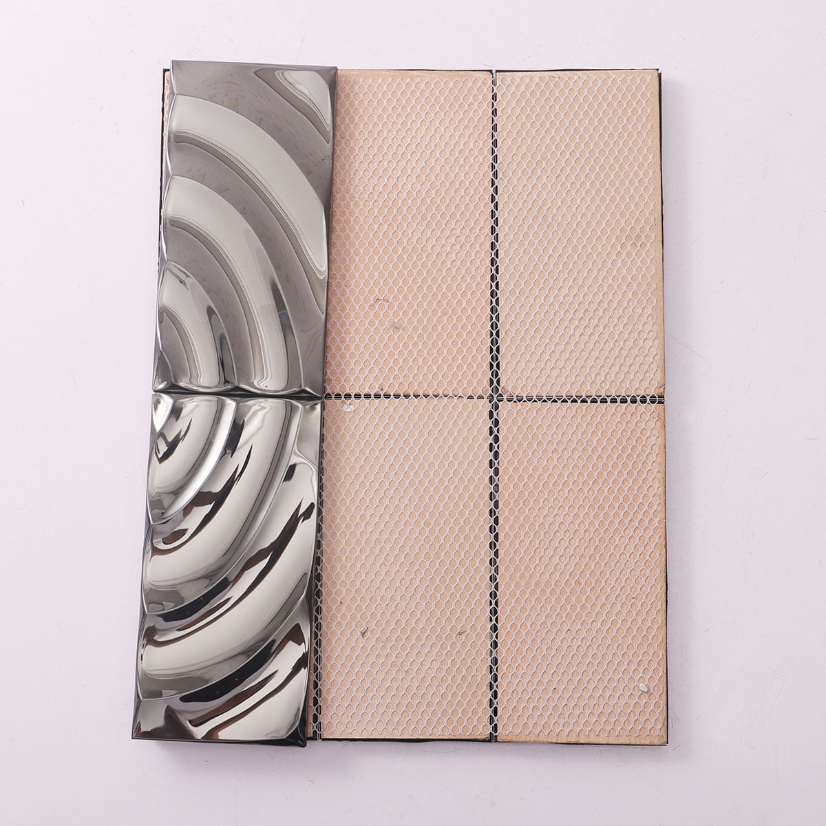 Metallic wavy tile shown beside beige mesh backing for easy installation