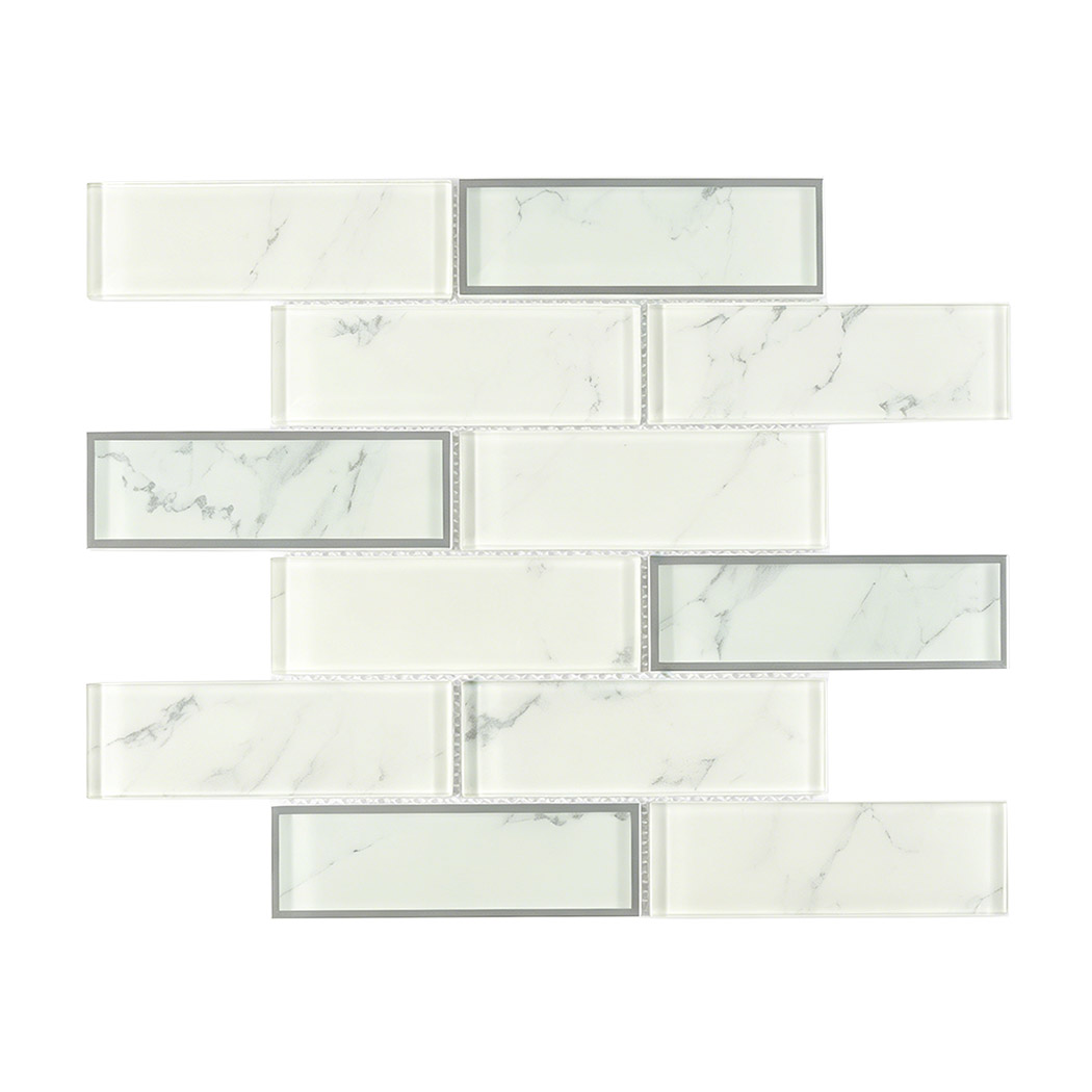 Milky white glass subway mosaic with silver framed accents and soft gray veins