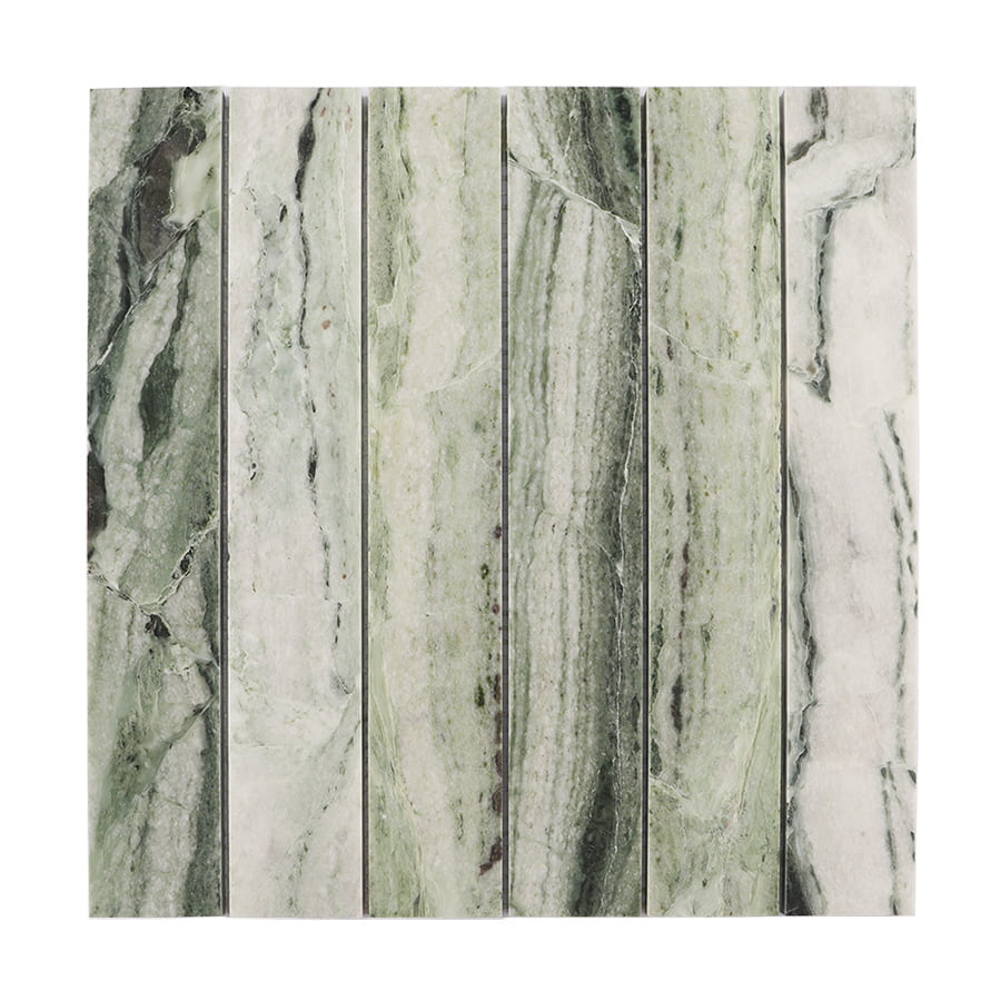 Front view of Ming green vertical natural marble mosaic tile sheet.
