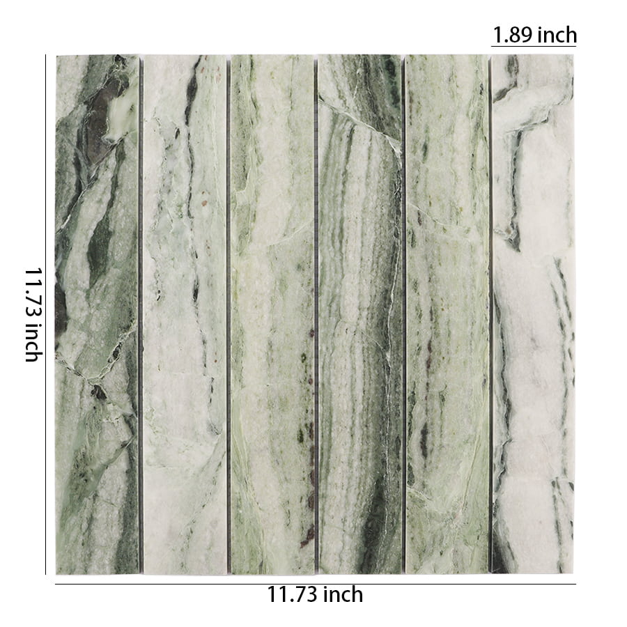 Ming green vertical natural marble mosaic tile sheet with size measurements.