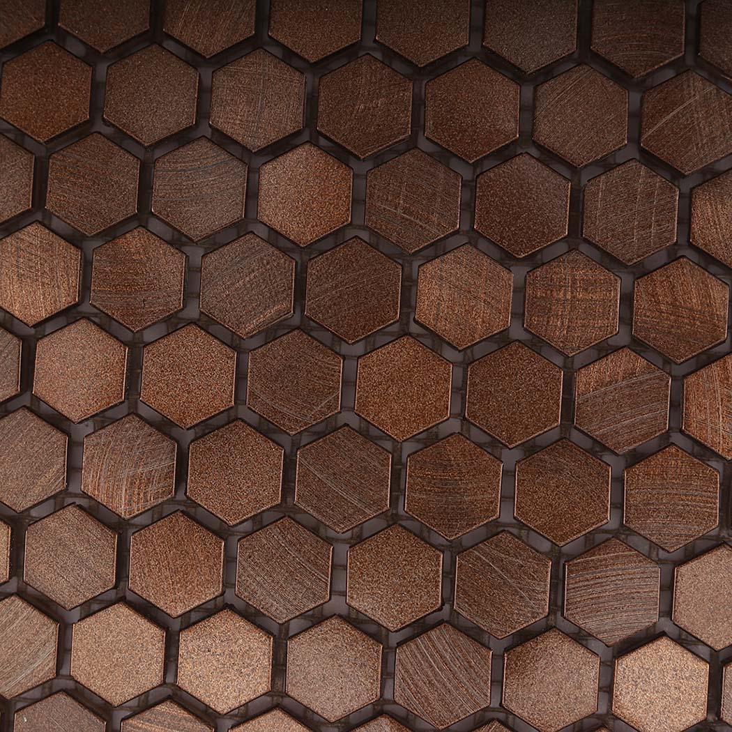 Macro detail of brushed pattern on antiqued copper hexagon aluminum tile
