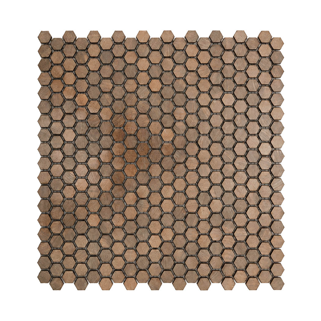 Flat overhead top view of mini antiqued copper hexagon aluminum tile