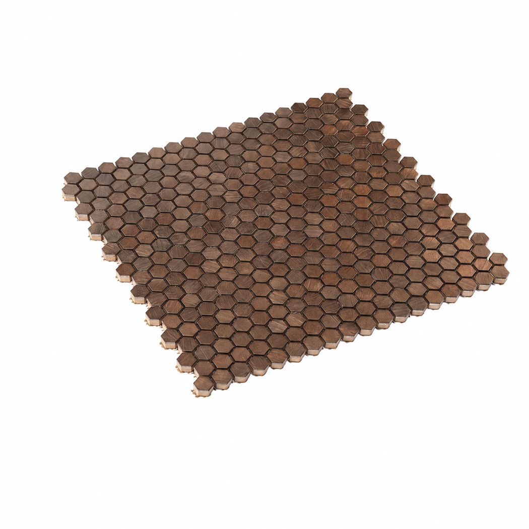Isometric perspective display of antiqued copper hexagon aluminum tile