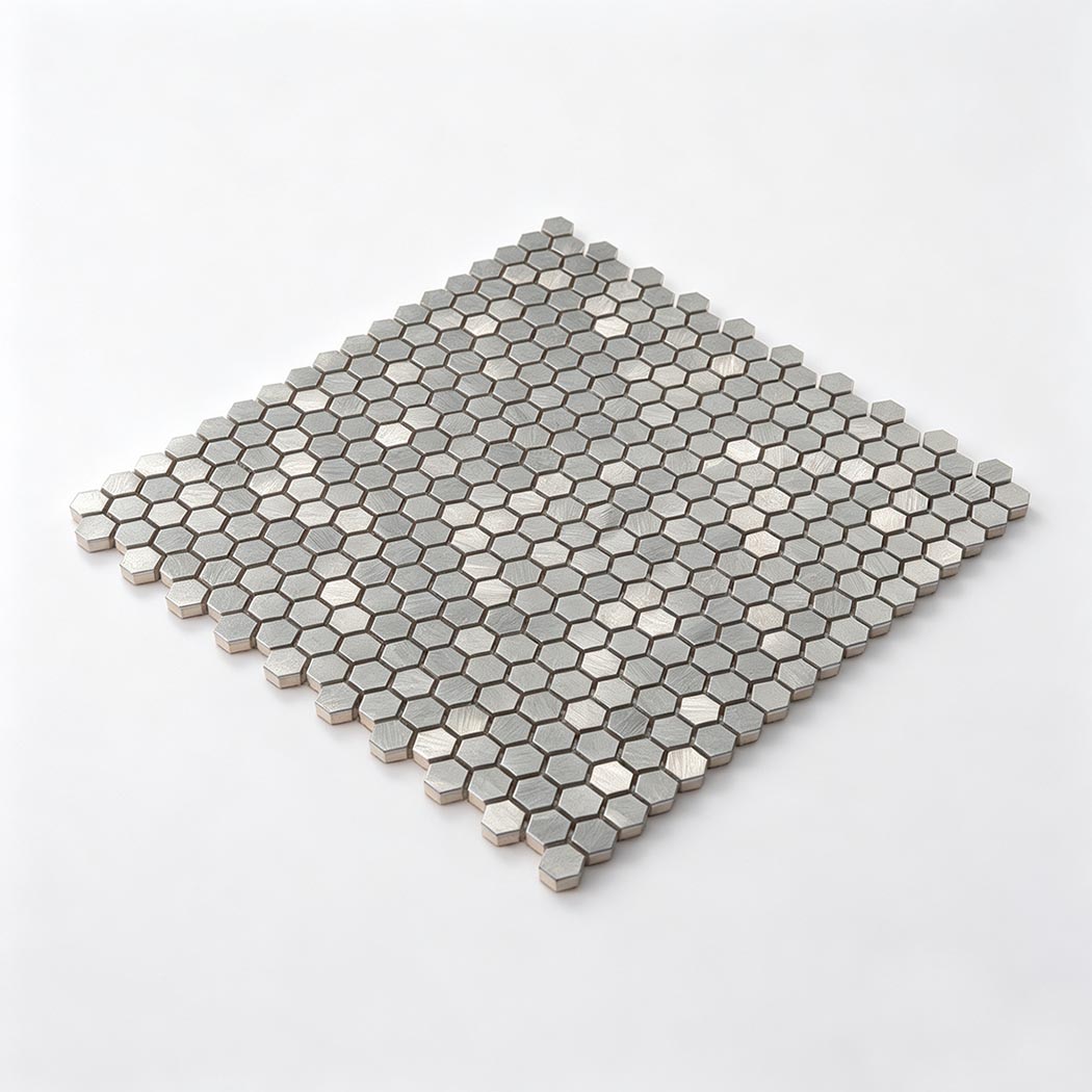 3D perspective view of mini brushed silver hexagon mosaic sheet