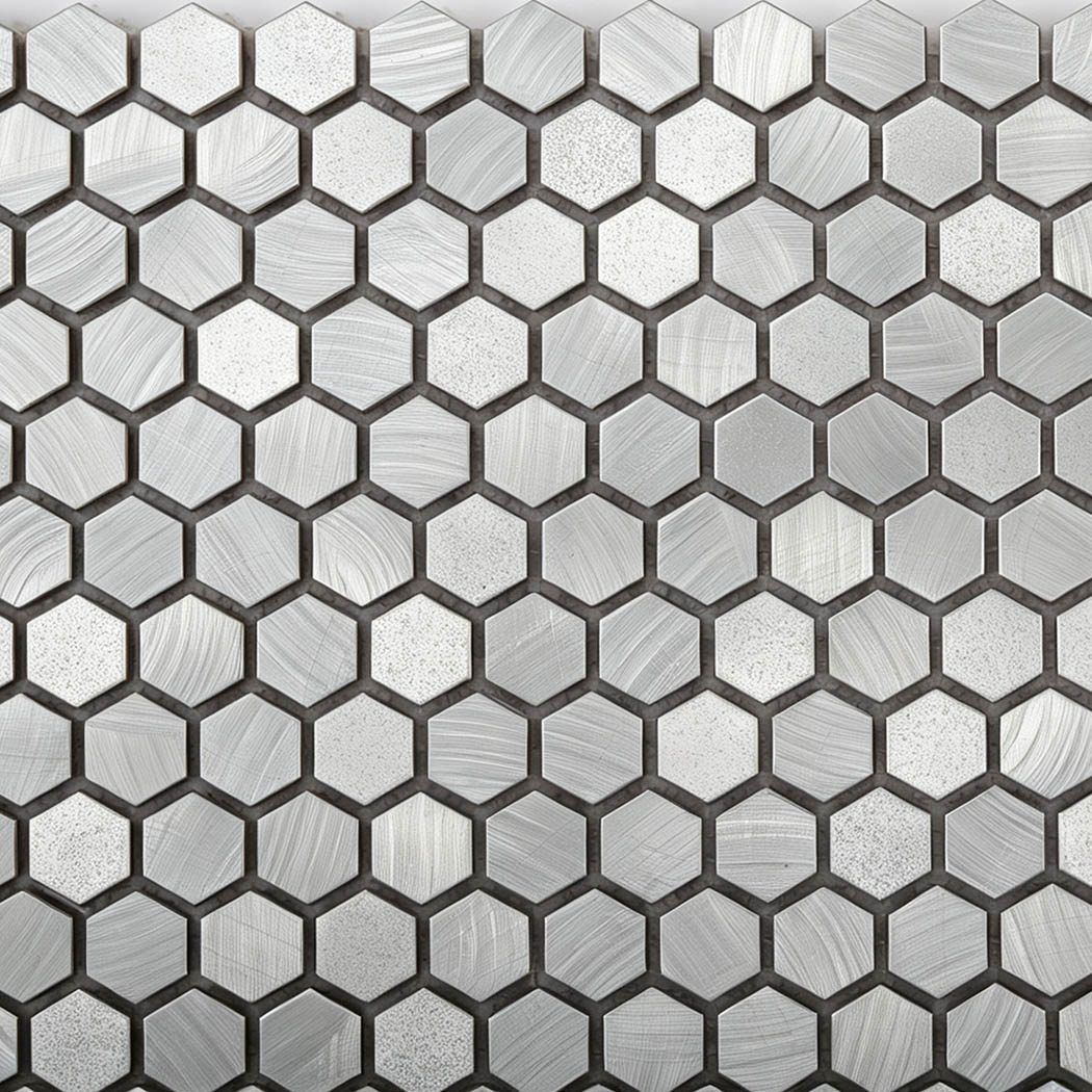 Macro detail of brushed texture on mini silver hexagon aluminum tile