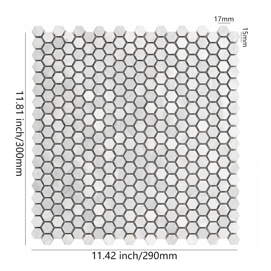 Dimension layout for mini brushed silver hexagon aluminum tile sheet