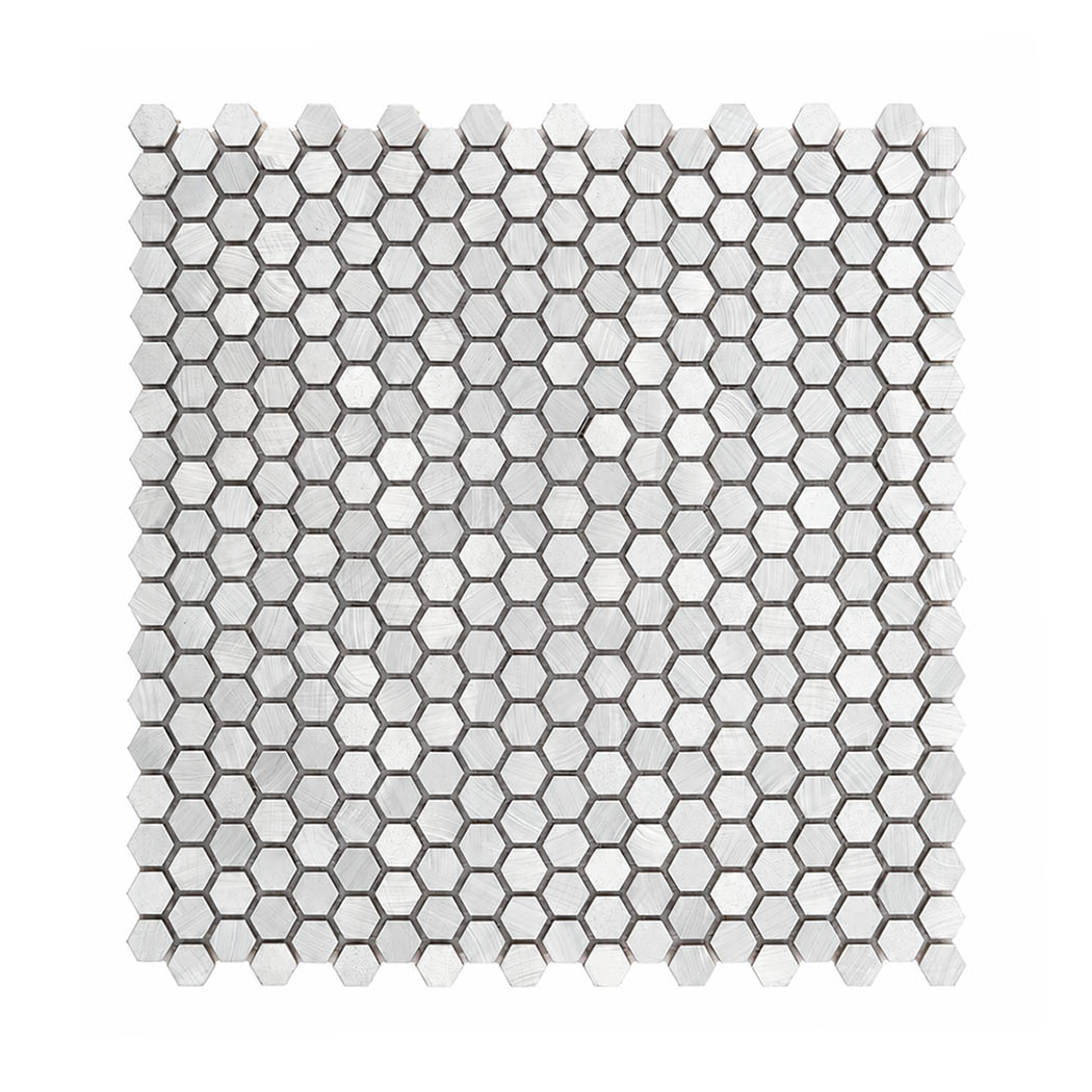 Flat overhead top view of mini brushed silver hexagon tile sheet