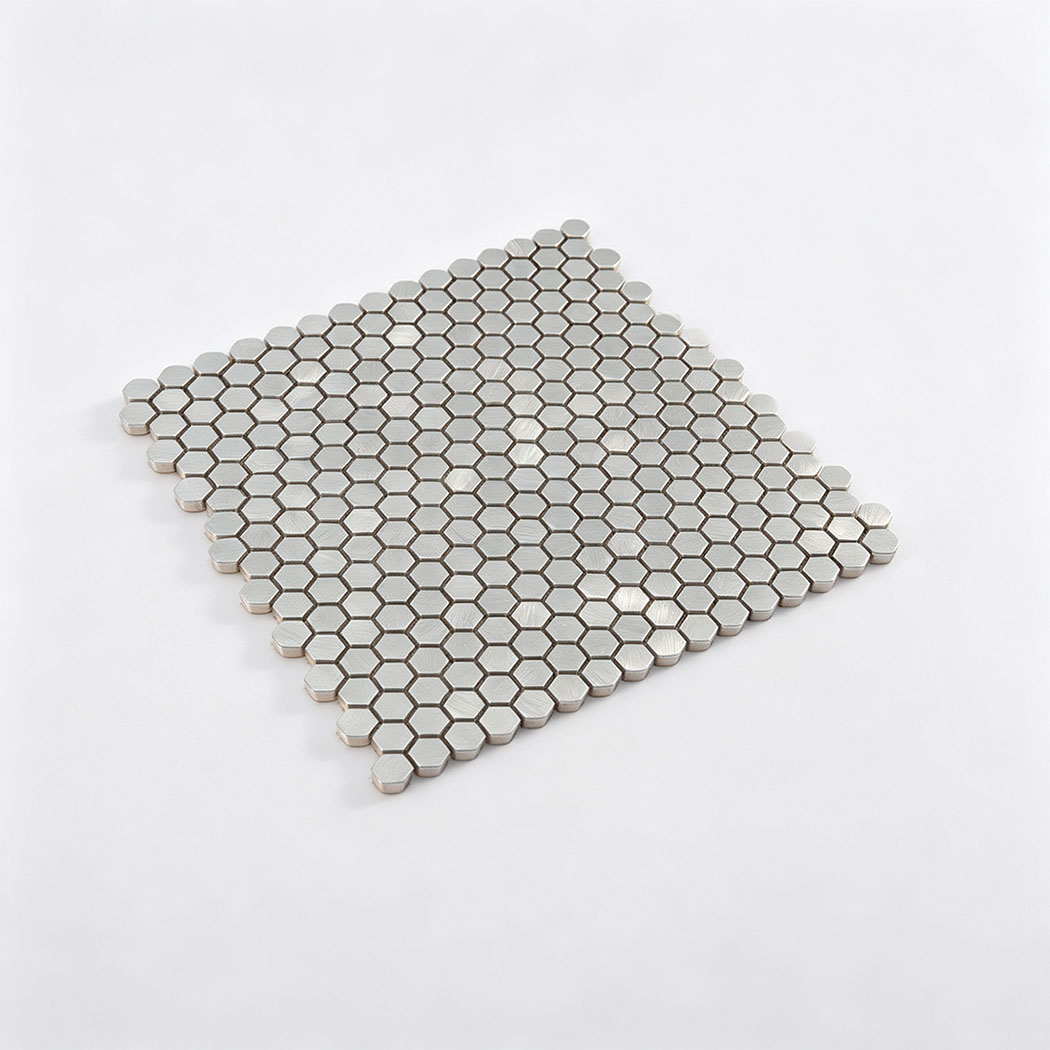 Isometric perspective display of mini silver hexagon aluminum tile