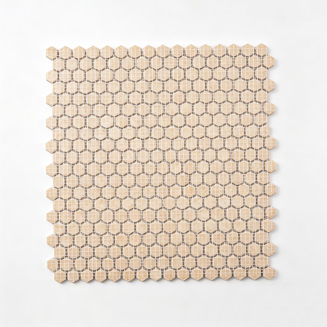 Reverse fiberglass mesh backing structure of mini silver hexagon tile